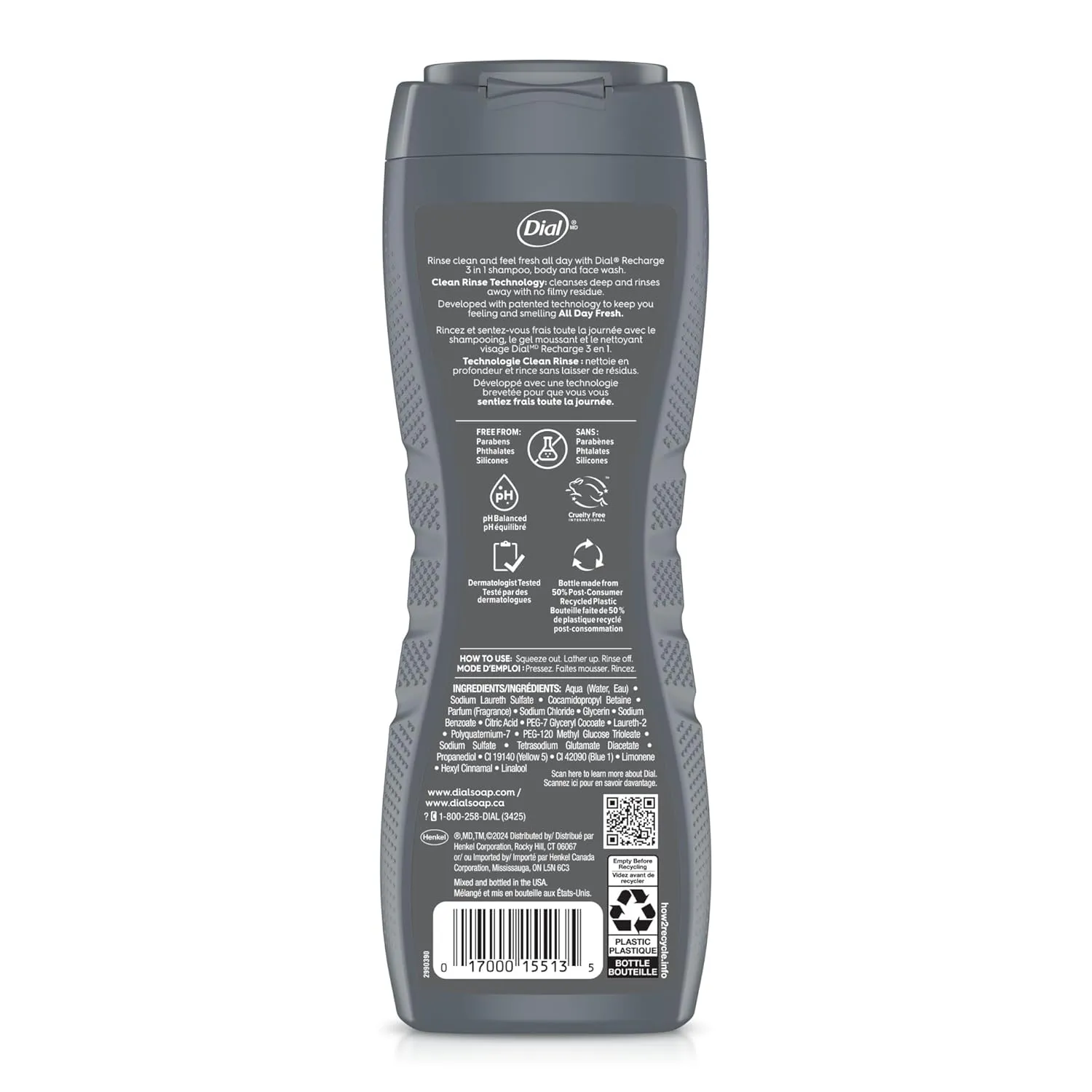 Dial Men 3in1 Body, Hair and Face Wash, Recharge, Cedar Leaf Scent, 16 fl oz, Pack of 4