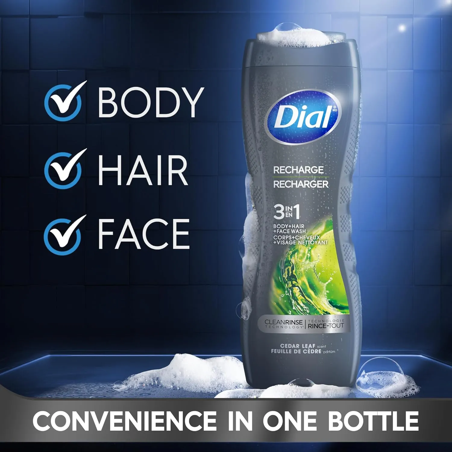 Dial Men 3in1 Body, Hair and Face Wash, Recharge, Cedar Leaf Scent, 16 fl oz, Pack of 4