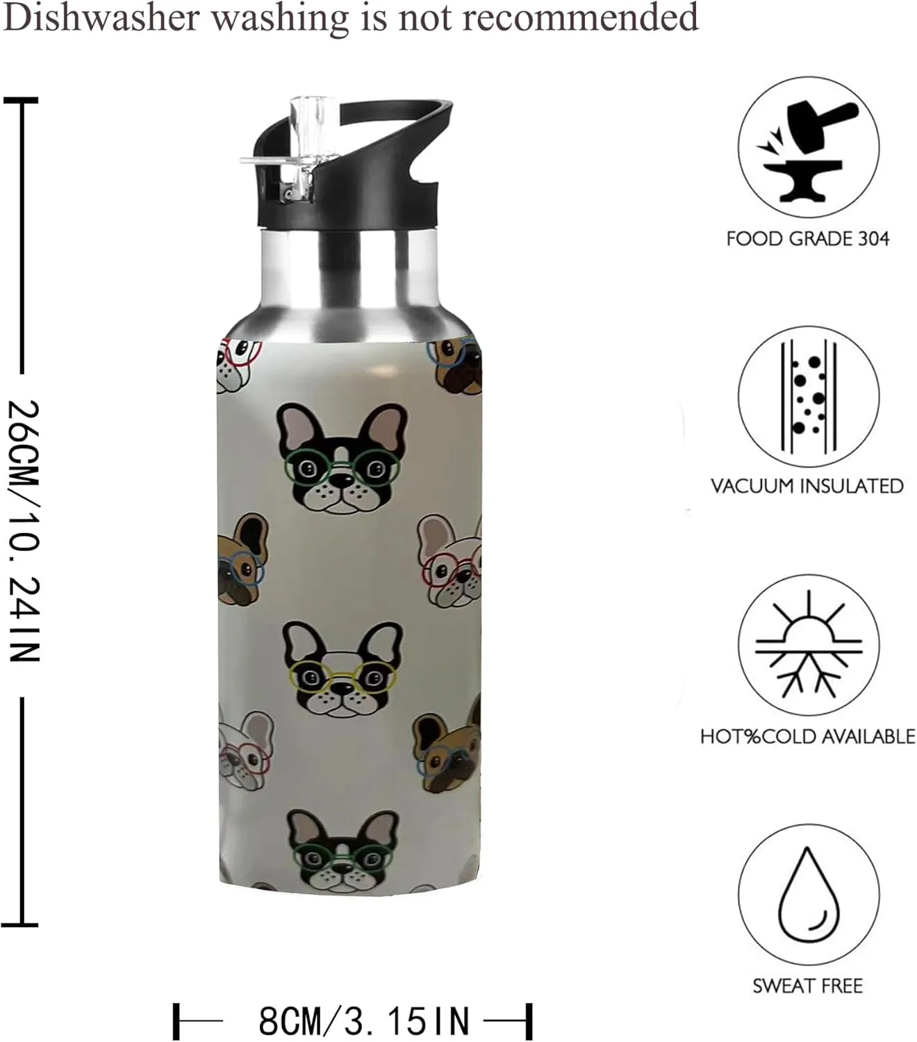 Dog Bulldog Water Bottle Adult Kids With Straw Lid Insulated Stainless Steel Travel Mugs for Sport Gym Outdoor 20oz