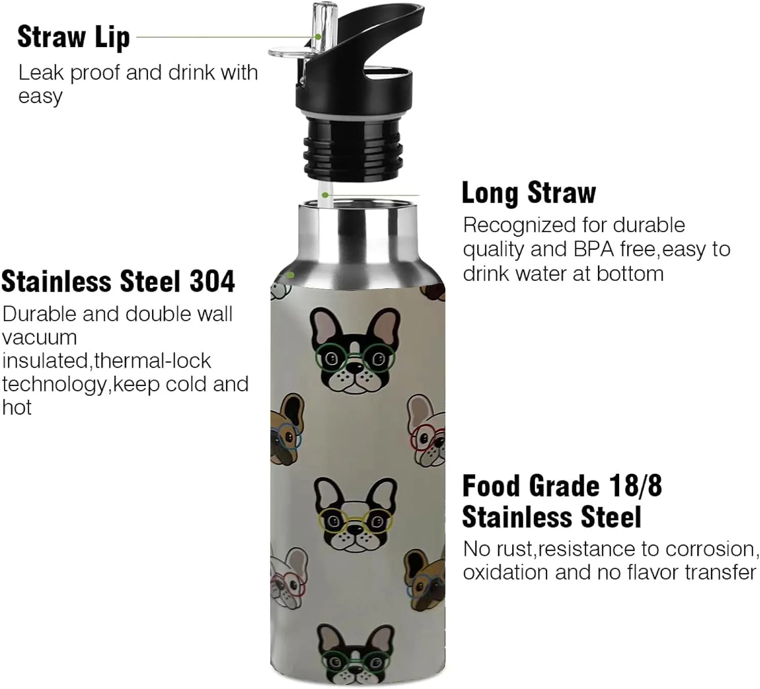 Dog Bulldog Water Bottle Adult Kids With Straw Lid Insulated Stainless Steel Travel Mugs for Sport Gym Outdoor 20oz
