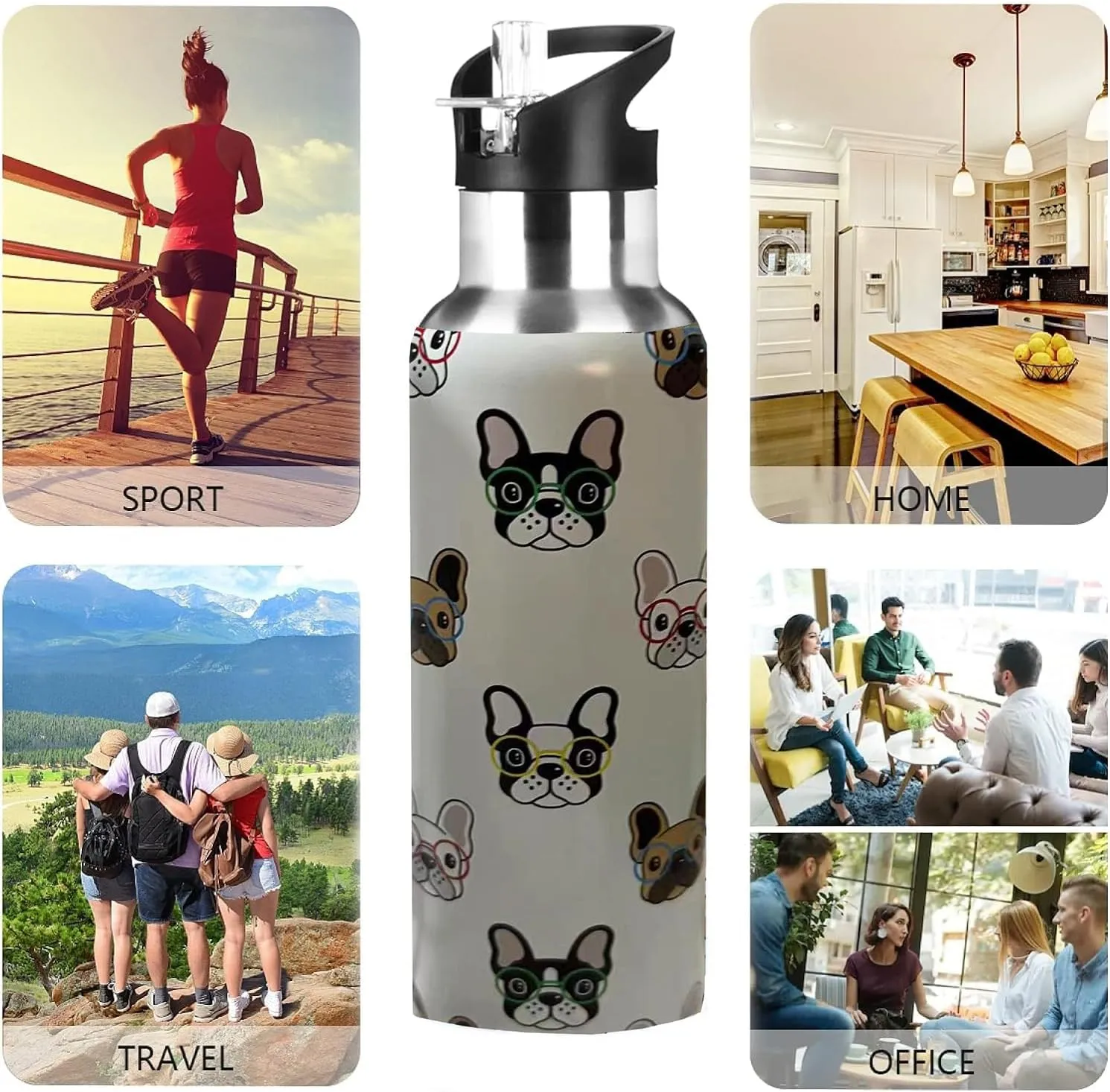 Dog Bulldog Water Bottle Adult Kids With Straw Lid Insulated Stainless Steel Travel Mugs for Sport Gym Outdoor 20oz