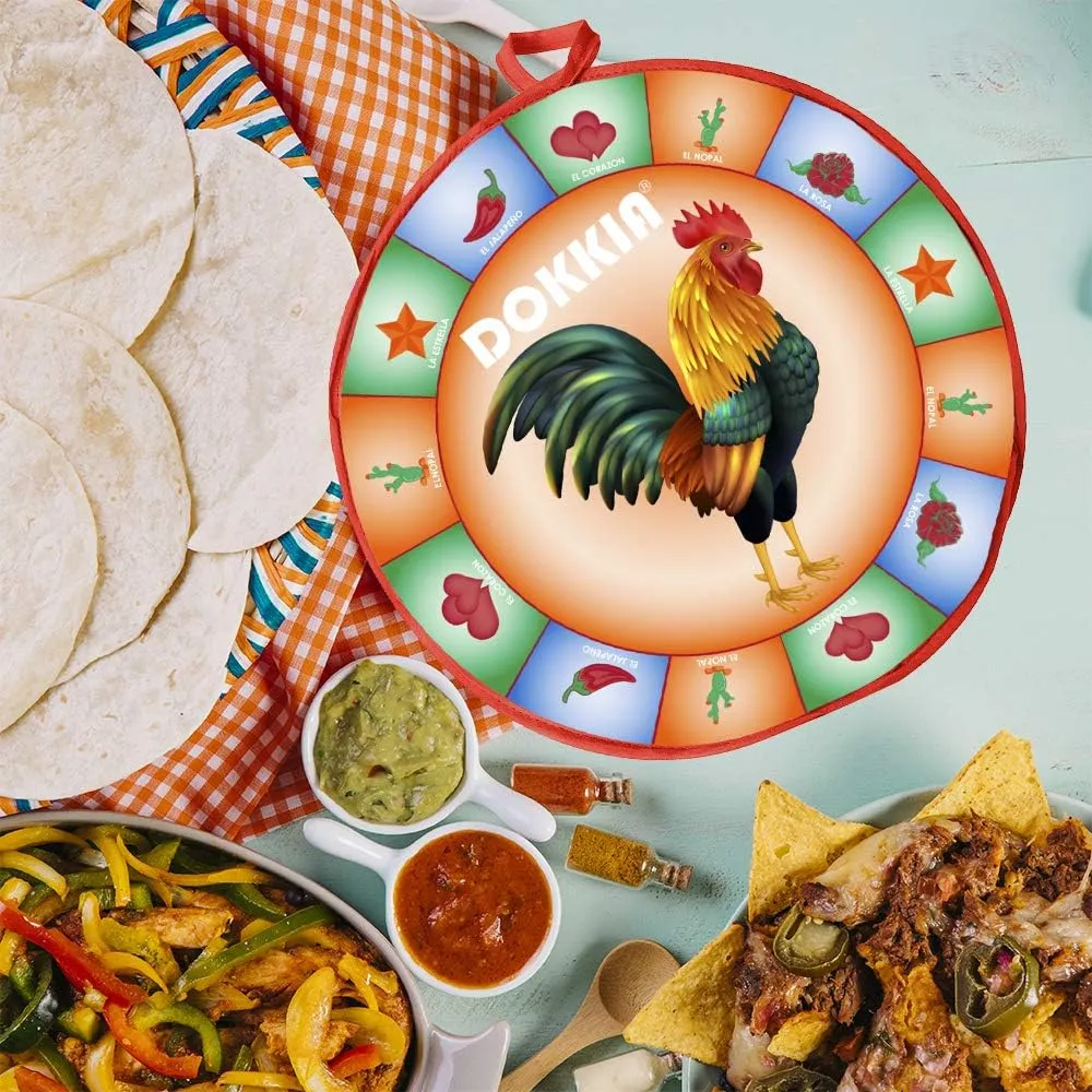 DOKKIA Tortilla Warmer Taco 12 Inch Insulated Cloth Pouch - Microwavable Use Fabric Bag Servers Holder to Keep Flour Burrito Warm (12 Inch, Fiesta Cock Rooster Chili Star Rose)