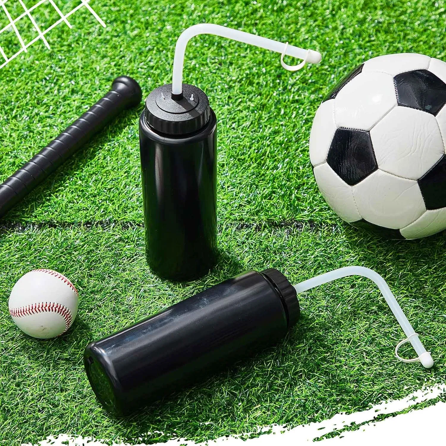 Domensi 4 Pack 1 Liter Sports Water Bottle W/long Straw Hockey Lacrosse Water Bottle with Straw Bpa Free Squeeze Plastic Use Sport Helmet in Football Baseball Gym(Black,Classic)