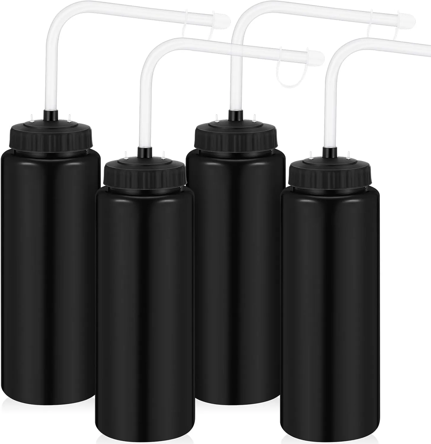 Domensi 4 Pack 1 Liter Sports Water Bottle W/long Straw Hockey Lacrosse Water Bottle with Straw Bpa Free Squeeze Plastic Use Sport Helmet in Football Baseball Gym(Black,Classic)
