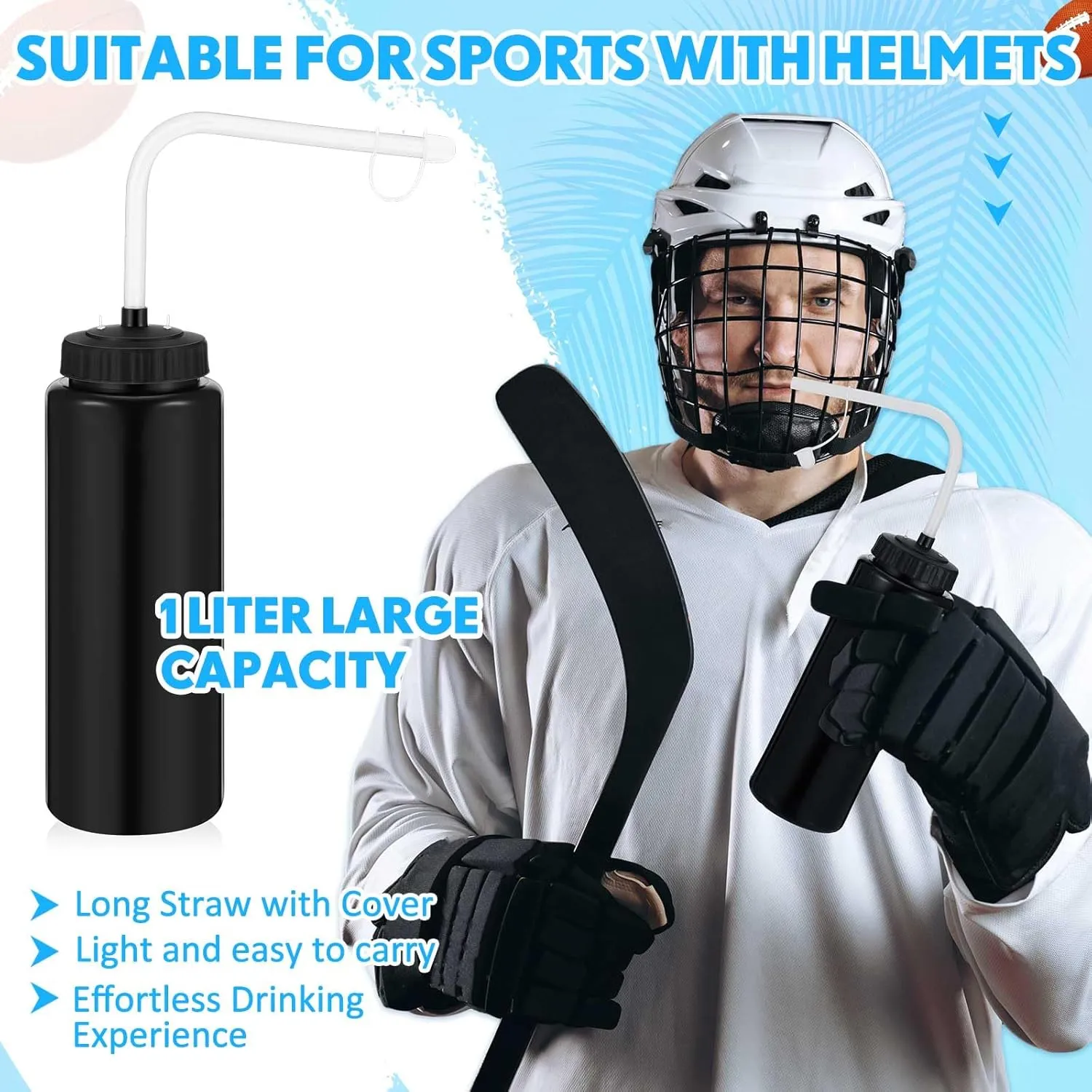 Domensi 4 Pack 1 Liter Sports Water Bottle W/long Straw Hockey Lacrosse Water Bottle with Straw Bpa Free Squeeze Plastic Use Sport Helmet in Football Baseball Gym(Black,Classic)