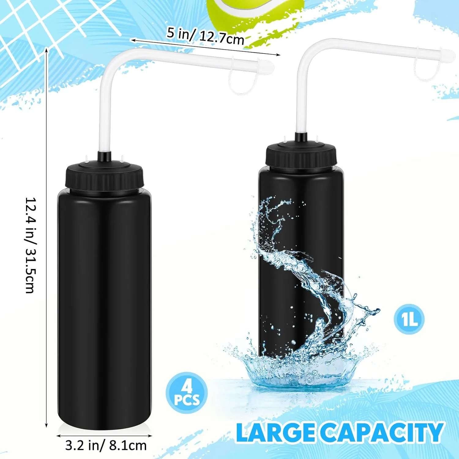Domensi 4 Pack 1 Liter Sports Water Bottle W/long Straw Hockey Lacrosse Water Bottle with Straw Bpa Free Squeeze Plastic Use Sport Helmet in Football Baseball Gym(Black,Classic)