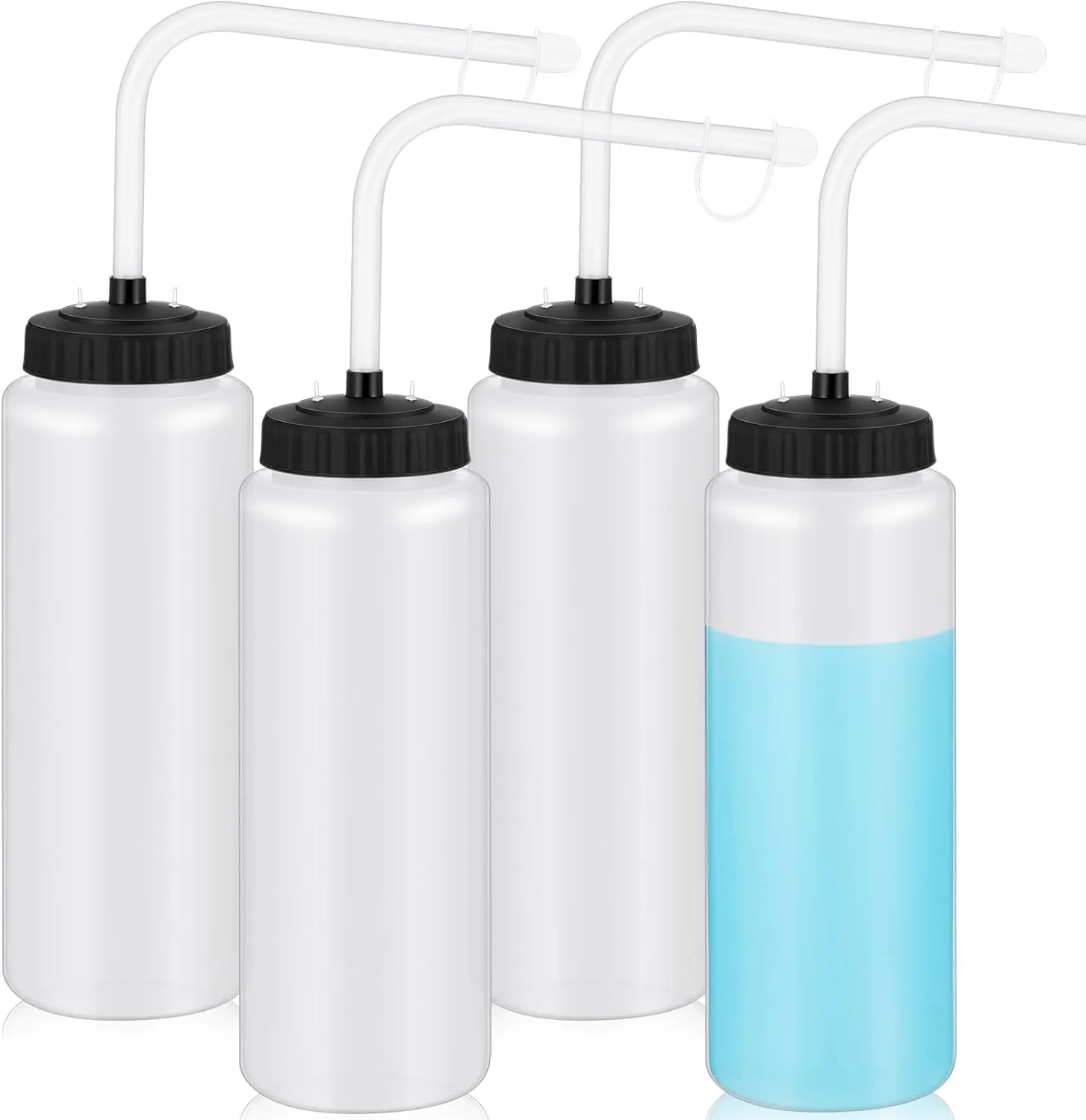 Domensi 4 Pack 1 Liter Sports Water Bottle W/long Straw Hockey Lacrosse Water Bottle with Straw Bpa Free Squeeze Plastic Use Sport Helmet in Football Baseball Gym(Translucent,Classic)