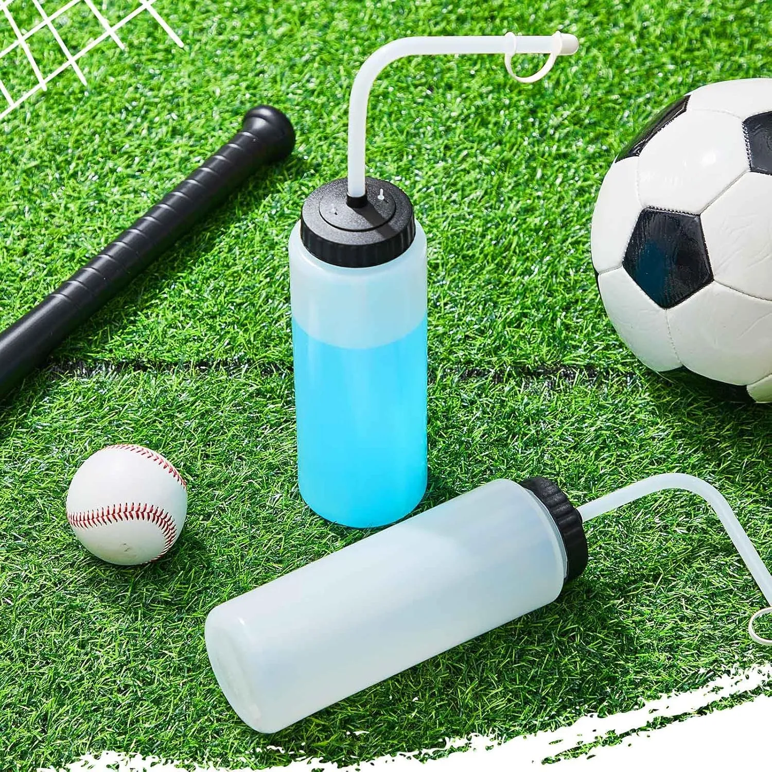 Domensi 4 Pack 1 Liter Sports Water Bottle W/long Straw Hockey Lacrosse Water Bottle with Straw Bpa Free Squeeze Plastic Use Sport Helmet in Football Baseball Gym(Translucent,Classic)