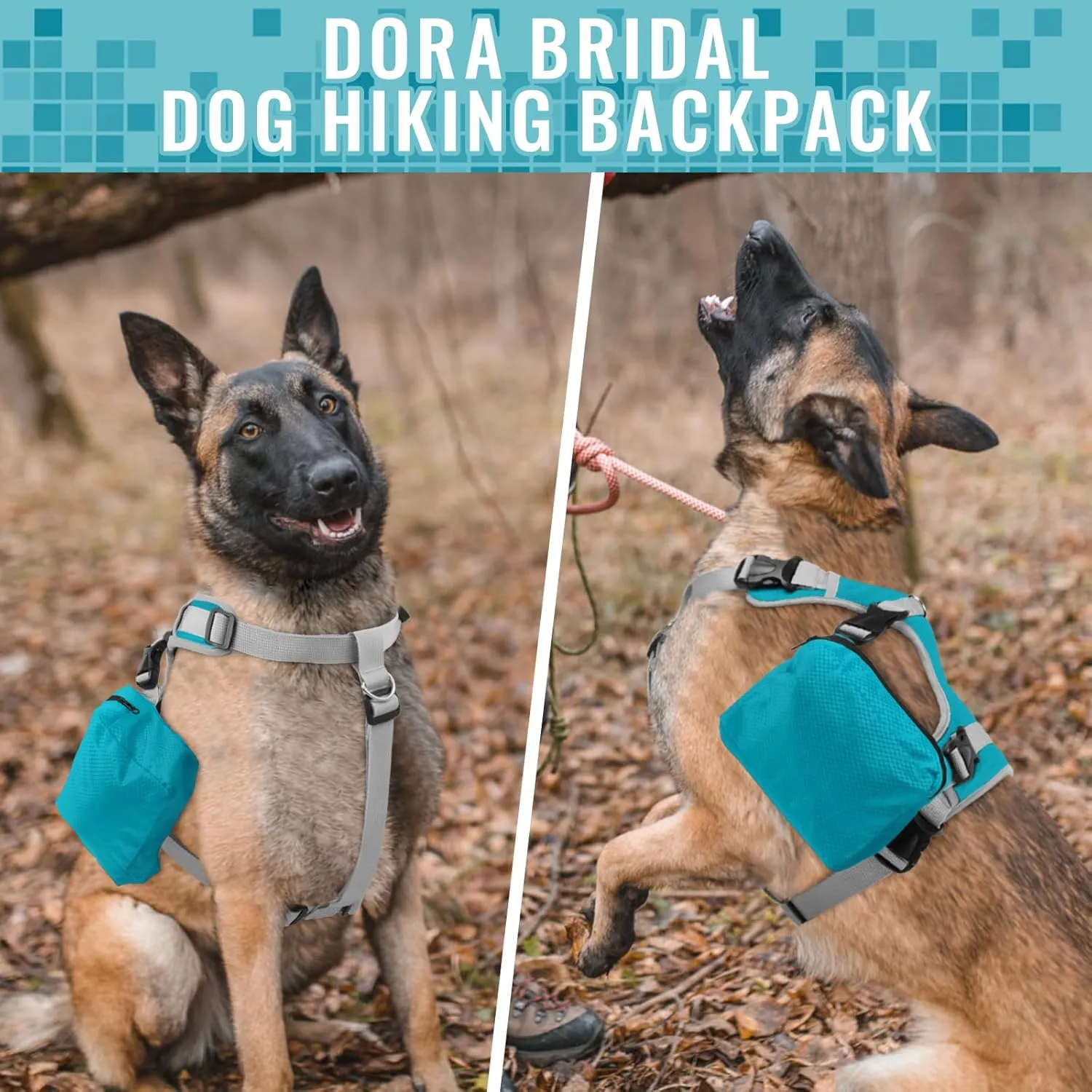 DORA BRIDAL Dog Backpack for Medium & Large Dogs, Dog Backpack Harness, Dogs Hiking Backpack with Side Pockets, Outdoors Pet Saddle for German Shepherd, Labrador (Blue, Large)