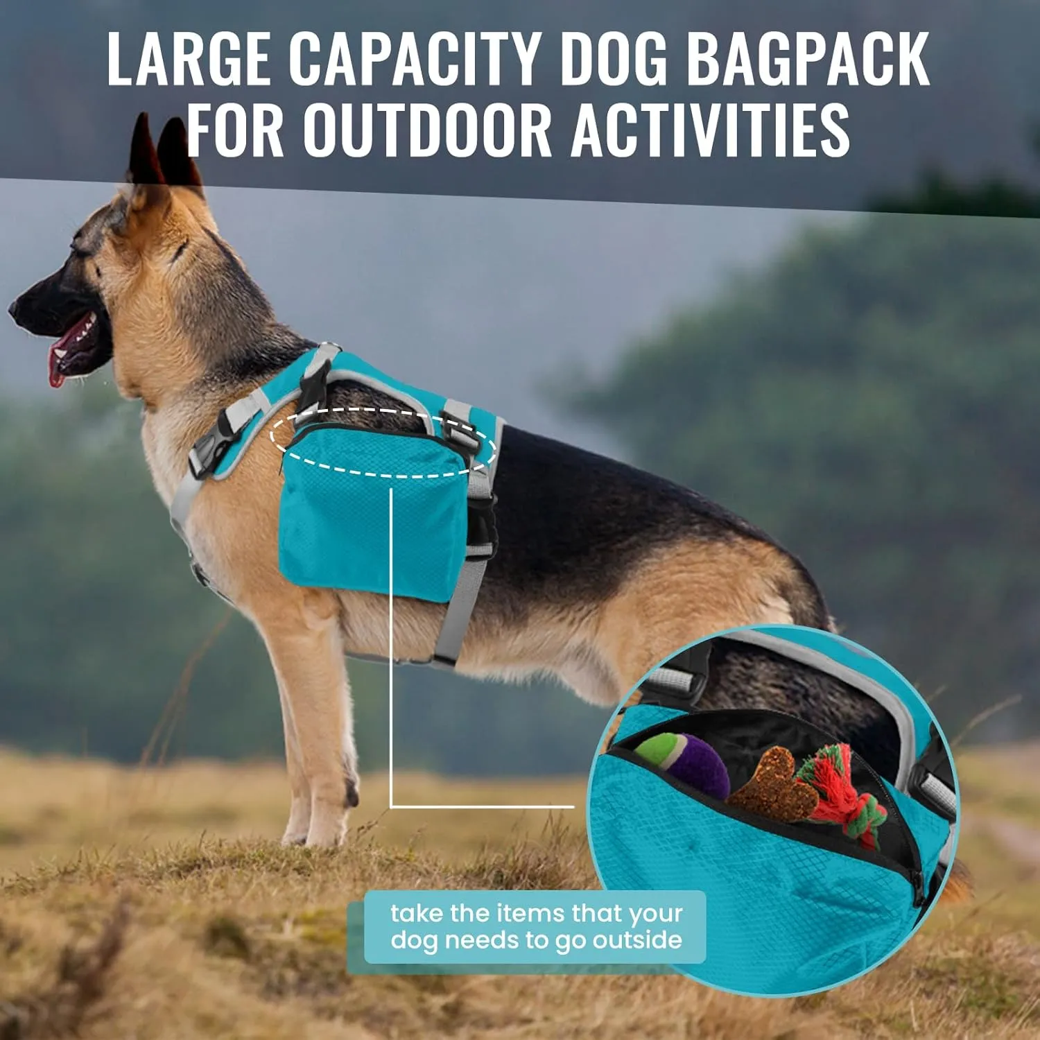 DORA BRIDAL Dog Backpack for Medium & Large Dogs, Dog Backpack Harness, Dogs Hiking Backpack with Side Pockets, Outdoors Pet Saddle for German Shepherd, Labrador (Blue, Large)