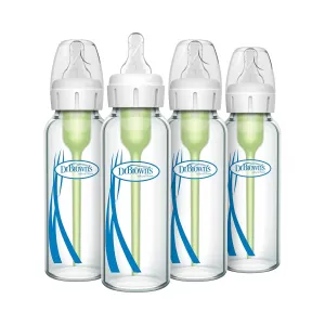 Dr. Brown's Anti-Colic Options  Narrow Glass Baby Bottle with Level 1 Slow Flow Nipple, BPA-Free, 8 oz/250 mL, 4-Pack
