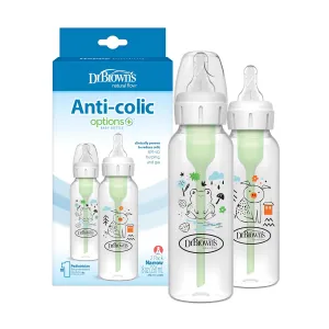 Dr. Brown's Natural Flow Anti-Colic Options  Narrow Baby Bottle, Pig & Frog, 8 oz/250 mL, with Level 1 Slow Flow Nipple, BPA Free, 0m , 2-Pack