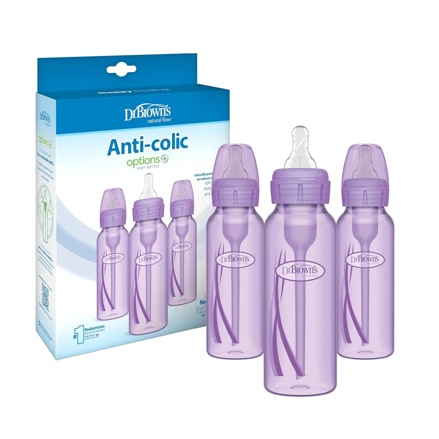 Dr. Brown’s Natural Flow® Anti-Colic Options ™ Narrow Baby Bottles 8 oz/250 mL, with Level 1 Slow Flow Nipple, 3 Pack, Purple, 0m 