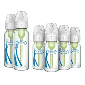 Dr. Brown's Natural Flow Anti-Colic Options  Narrow Glass Baby Bottles, 4 oz 4-Pack & 8 oz 2-Pack, with Level 1 Slow Flow Nipples, Anti-Colic Vent System, BPA Free, Dishwasher Safe, 0m 
