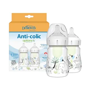 Dr. Brown’s Natural Flow® Anti-Colic Options ™ Wide-Neck Baby Bottle Designer Edition Bottles, Jungle Decos, 5 oz/150 mL, Level 1 Nipple, 2-Pack, 0m 
