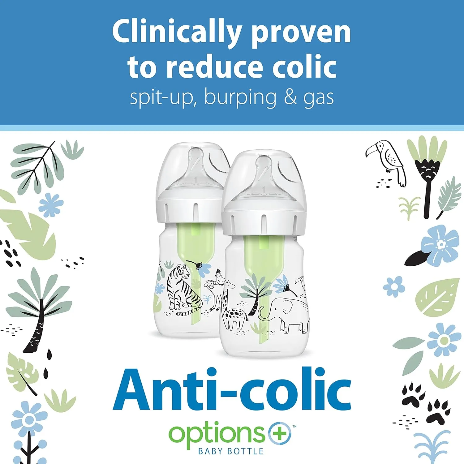 Dr. Brown’s Natural Flow® Anti-Colic Options ™ Wide-Neck Baby Bottle Designer Edition Bottles, Jungle Decos, 5 oz/150 mL, Level 1 Nipple, 2-Pack, 0m 