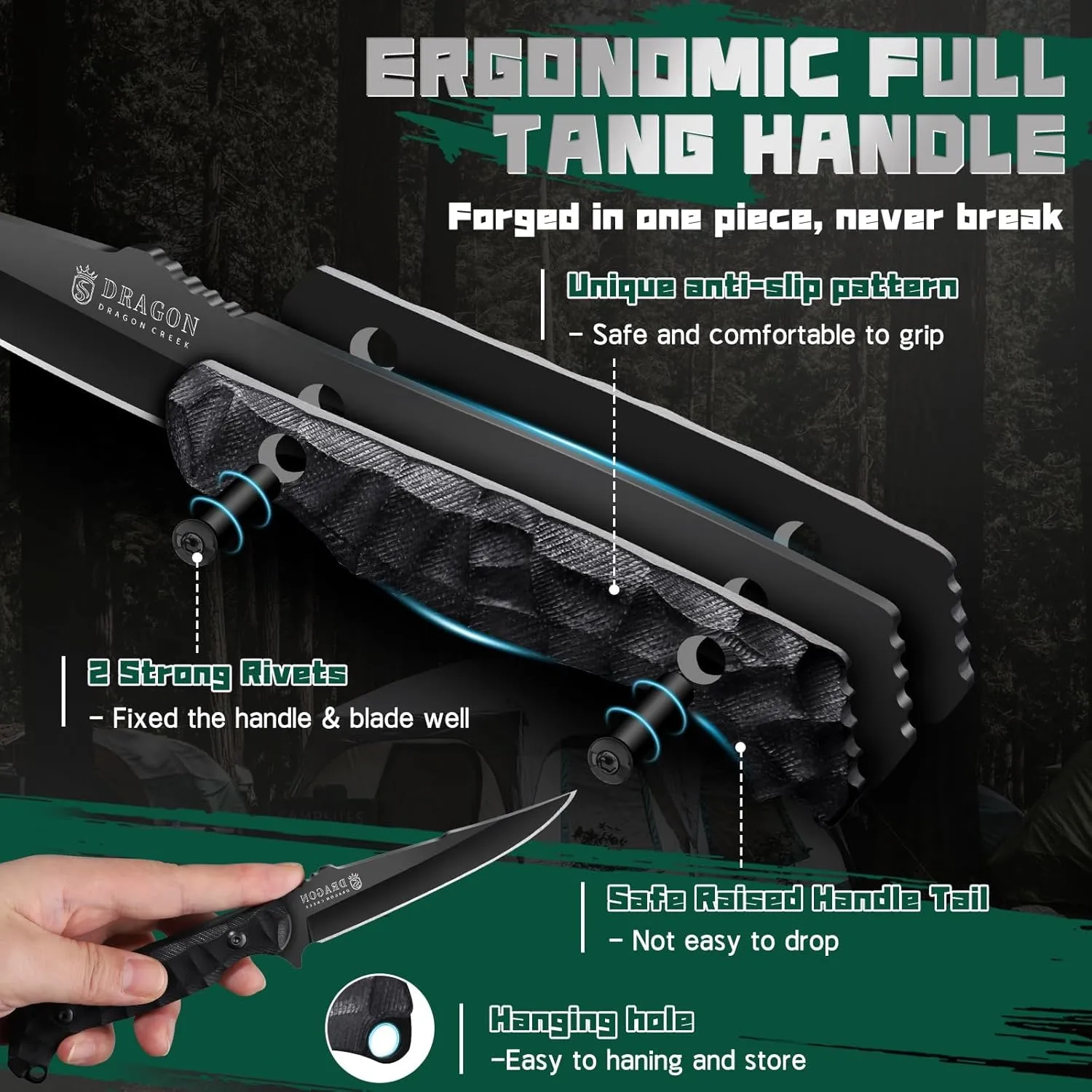 Dragon Creek Fixed Blade Knife - Outdoor Tactical Survival Knife With Sheath G10 Full Tang Handle for Camping Hiking Gift Men Black