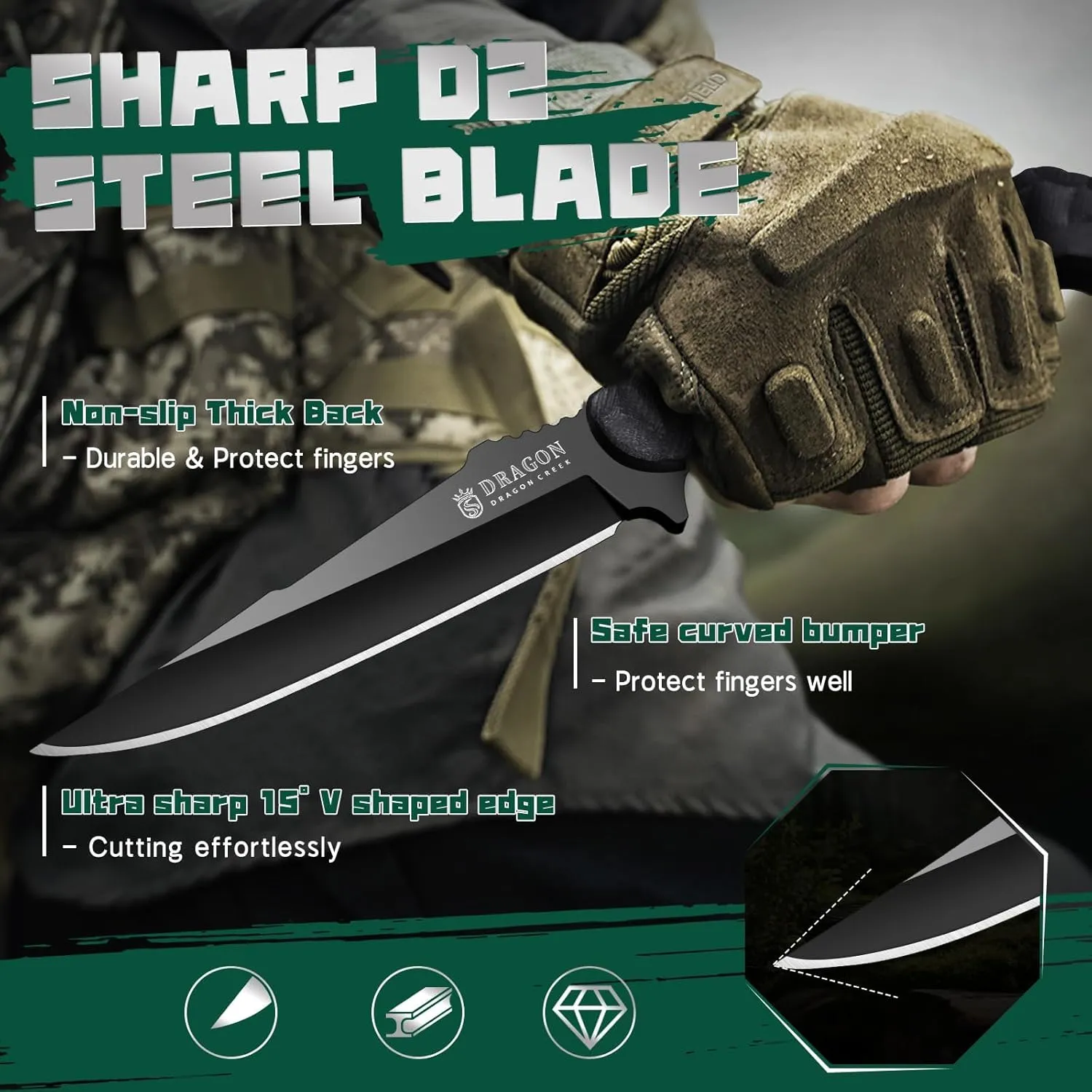 Dragon Creek Fixed Blade Knife - Outdoor Tactical Survival Knife With Sheath G10 Full Tang Handle for Camping Hiking Gift Men Black
