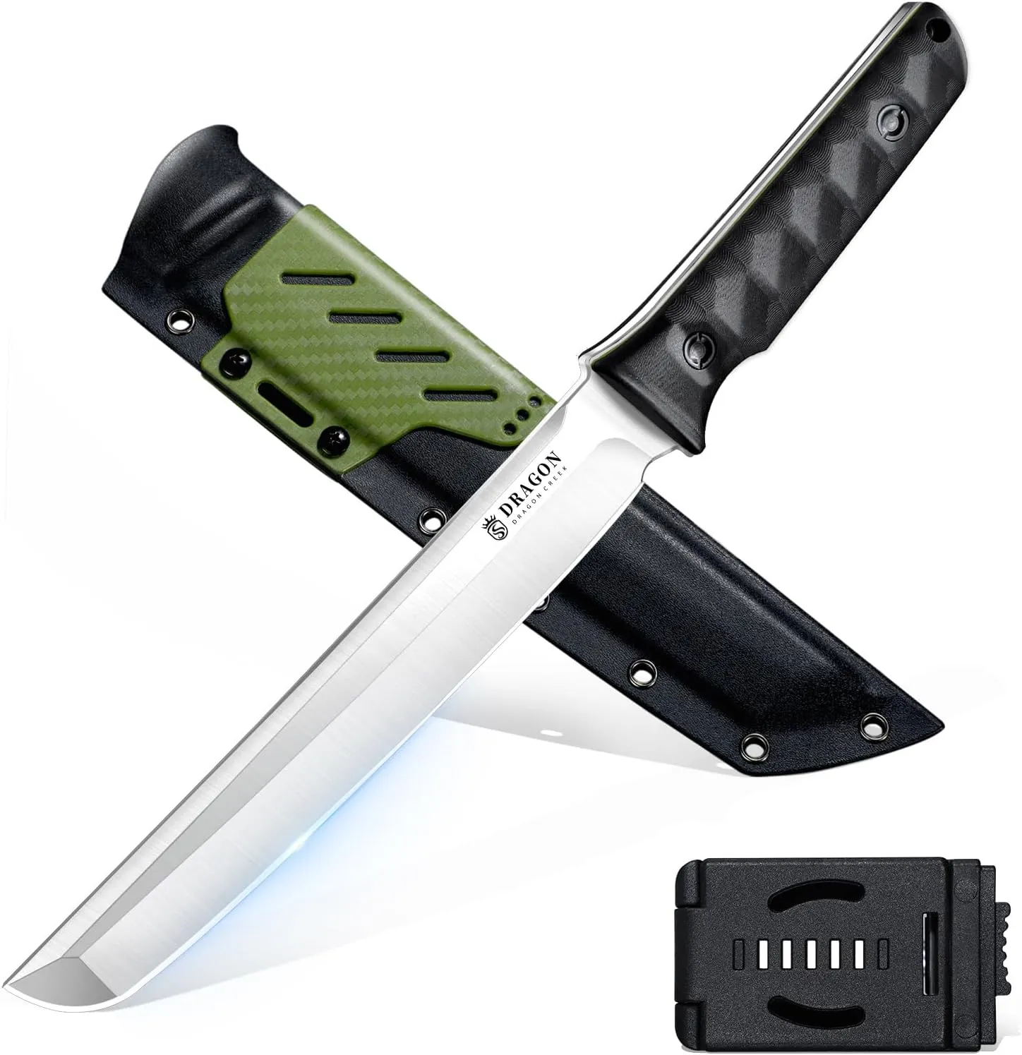 Dragon Creek Tactical Knife Kydex - Outdoor Fixed Blade Survival Knife with Sheath D2 Steel Blade G10 Full Tang Handle for Camping Hiking Gift Men Green
