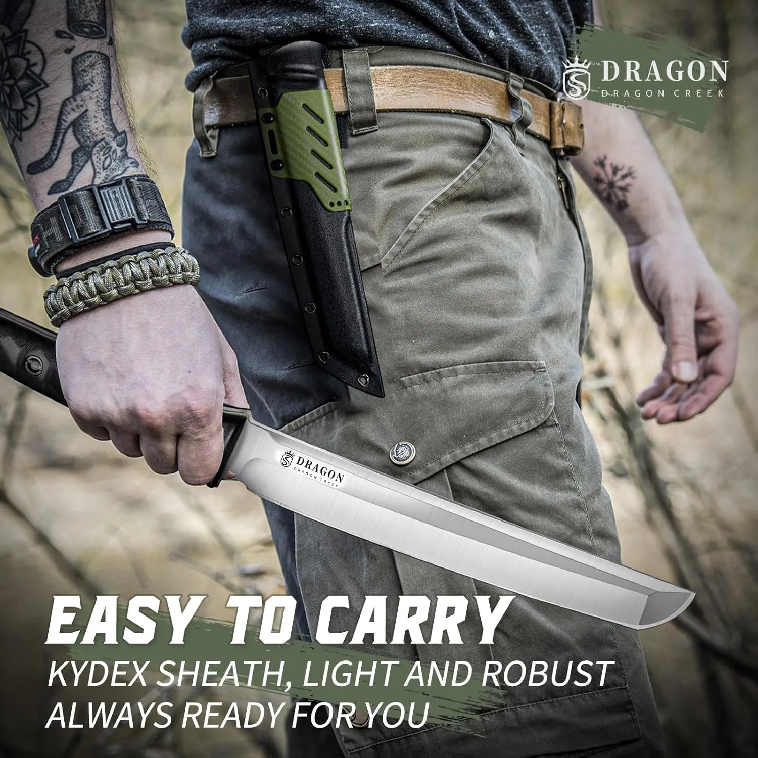Dragon Creek Tactical Knife Kydex - Outdoor Fixed Blade Survival Knife with Sheath D2 Steel Blade G10 Full Tang Handle for Camping Hiking Gift Men Green