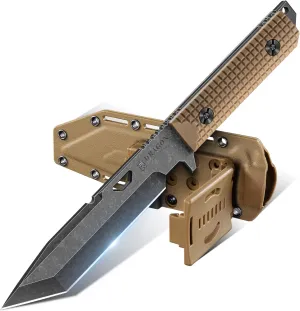 Dragon Creek Tactical Knife Kydex - Outdoor Survival Knife with Sheath D2 Steel Blade G10 Full Tang Handle for Camping Hiking Gift Men Brown