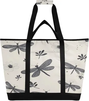 Dragonfly Flowers Reusable Insulated Lunchbox Cooler Bag, Leakproof Kitchen Grocery Bag Collapsible Portable Cooler Tote Bag for Picnic, Camping, Office, Travel