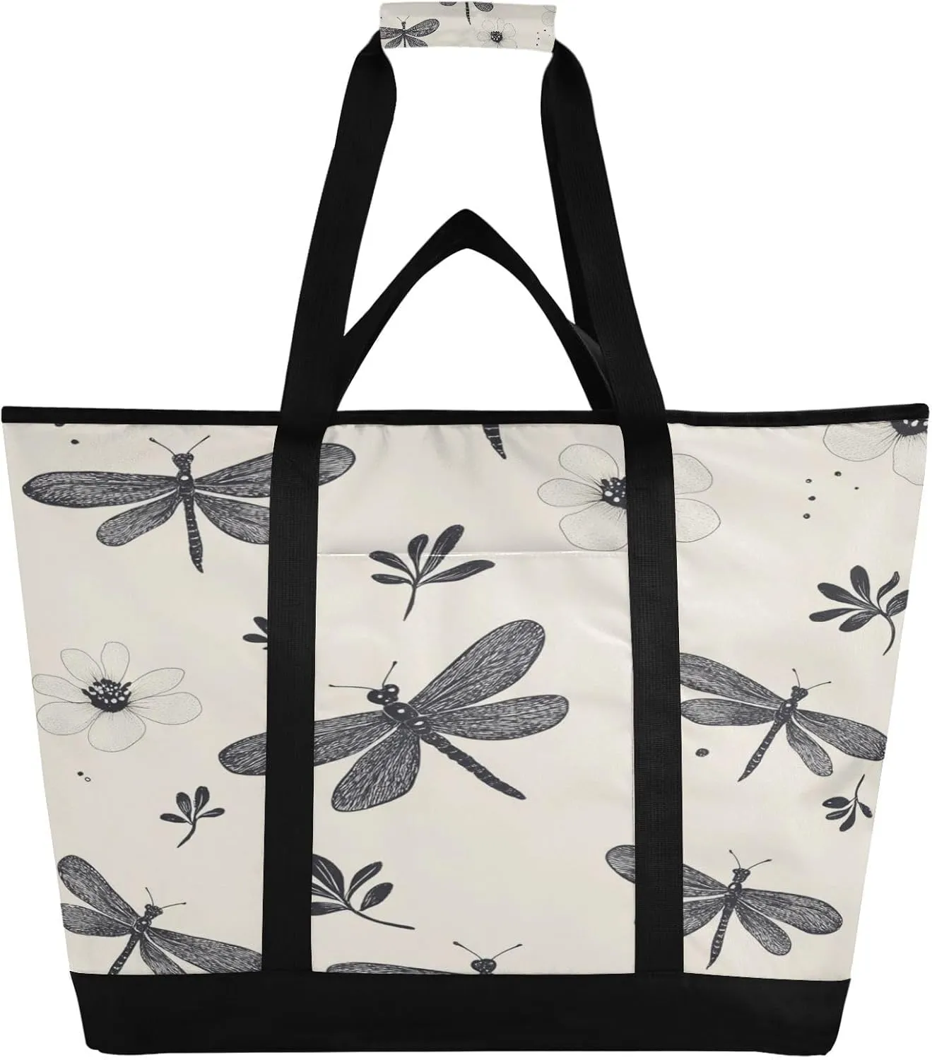 Dragonfly Flowers Reusable Insulated Lunchbox Cooler Bag, Leakproof Kitchen Grocery Bag Collapsible Portable Cooler Tote Bag for Picnic, Camping, Office, Travel