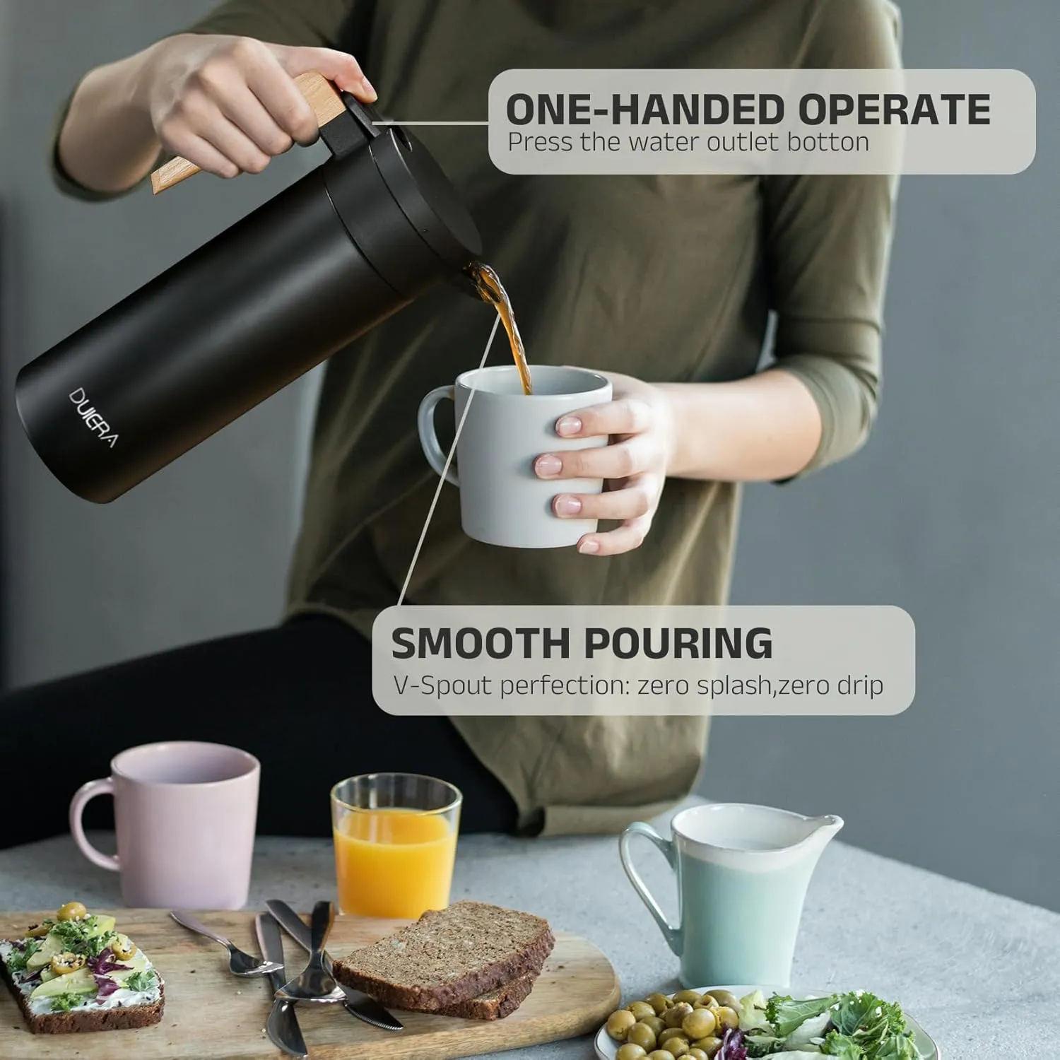 DUIERA 51 oz Coffee Carafe Double Walled Thermal Carafe Stainless Steel, 1.5 L Beverage Dispenser Keeping Hot/Cold - Black