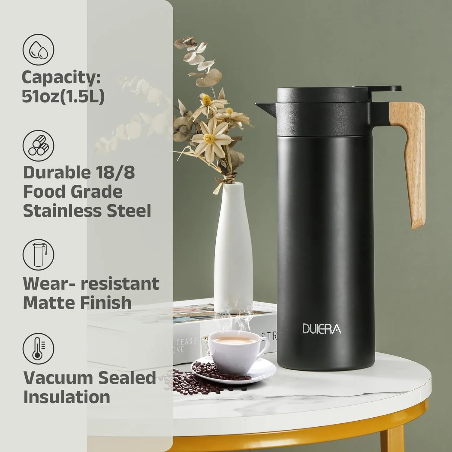 DUIERA 51 oz Coffee Carafe Double Walled Thermal Carafe Stainless Steel, 1.5 L Beverage Dispenser Keeping Hot/Cold - Black