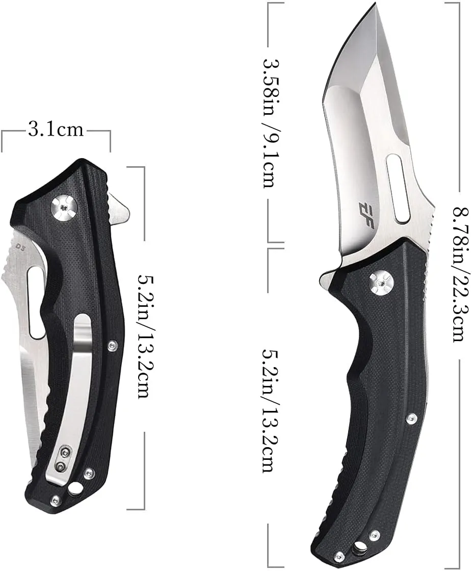 Eafengrow EF908 Pocket Knife Sanding Finished D2 Steel Blade G10 Handle Pocket Clip and Liner Lock with Titanium Coating Tactical Camping Survival Tool Knives (BLACK)