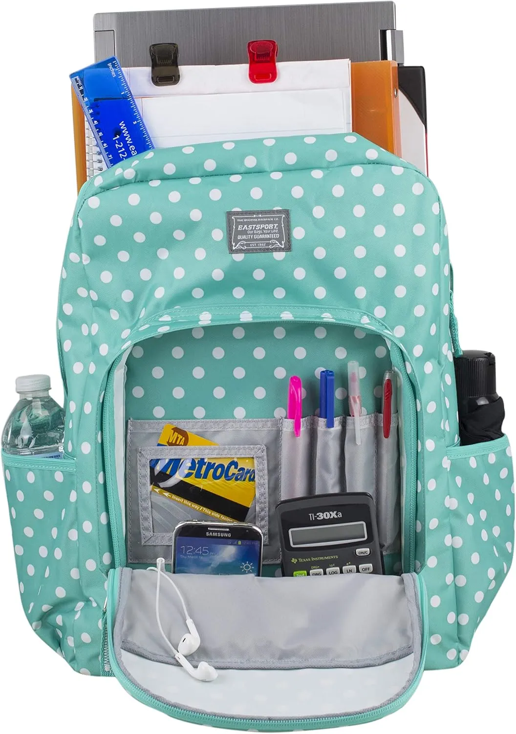 Eastsport Carry On Travel Weekender Backpack with Extra Large Main Compartment, Turquoise/Polka Dot Print