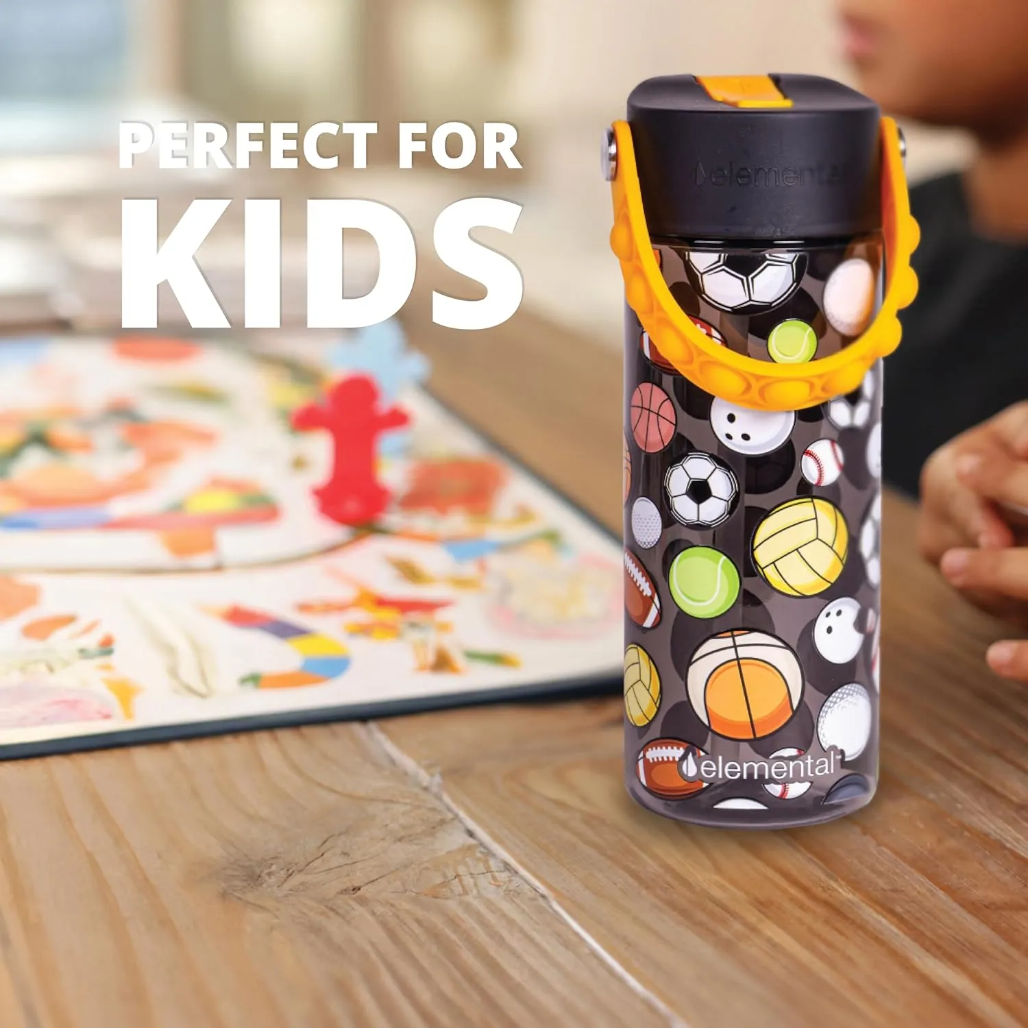 Elemental Water Bottles for Kids - Splash Kids Water Bottle for School with Pop-it Handle - BPA Free Tritan Plastic Water Bottle with Straw Leak Proof when Spout is Closed - Sports Ball - 18oz