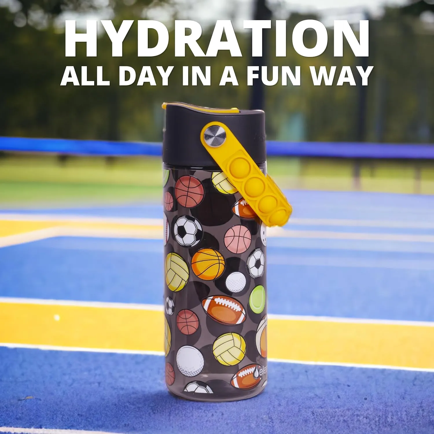 Elemental Water Bottles for Kids - Splash Kids Water Bottle for School with Pop-it Handle - BPA Free Tritan Plastic Water Bottle with Straw Leak Proof when Spout is Closed - Sports Ball - 18oz