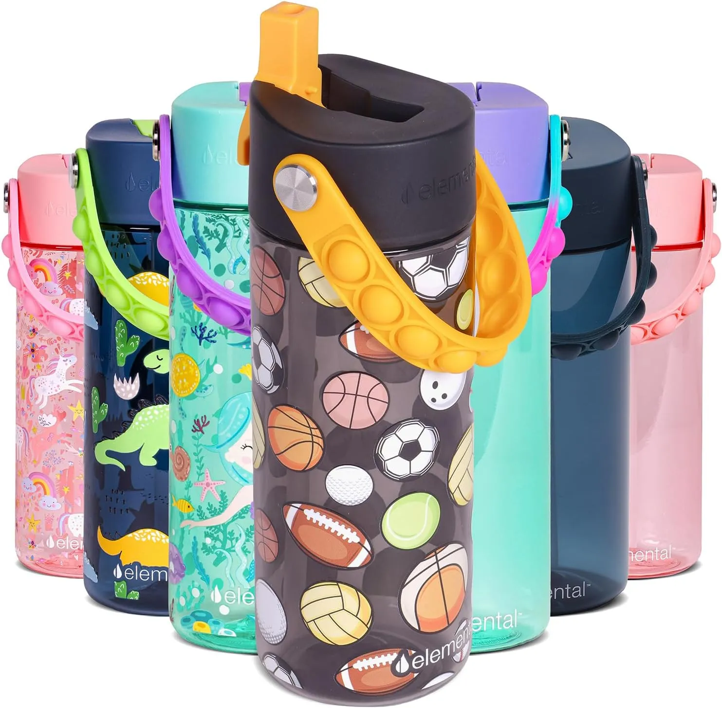 Elemental Water Bottles for Kids - Splash Kids Water Bottle for School with Pop-it Handle - BPA Free Tritan Plastic Water Bottle with Straw Leak Proof when Spout is Closed - Sports Ball - 18oz