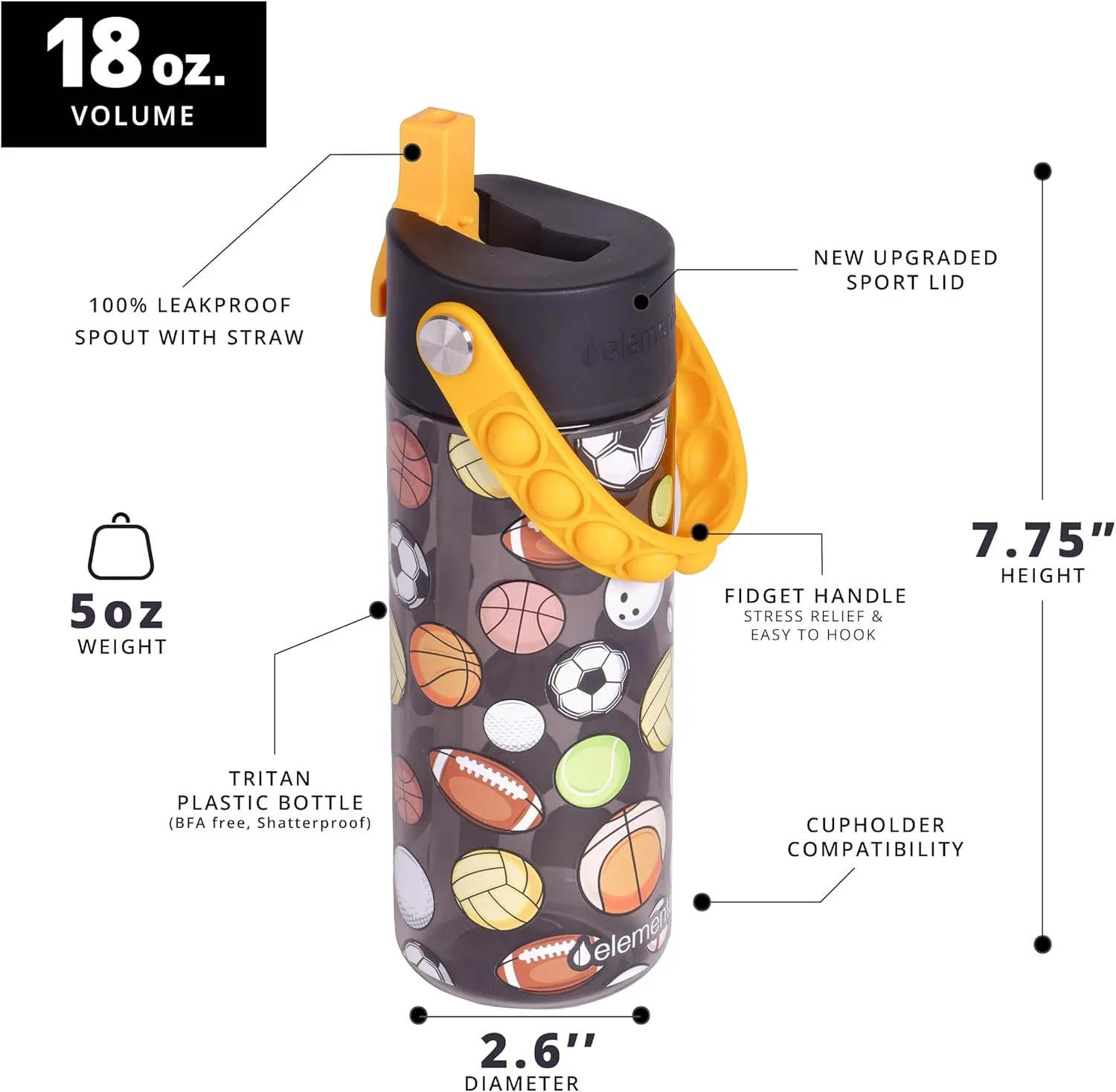 Elemental Water Bottles for Kids - Splash Kids Water Bottle for School with Pop-it Handle - BPA Free Tritan Plastic Water Bottle with Straw Leak Proof when Spout is Closed - Sports Ball - 18oz