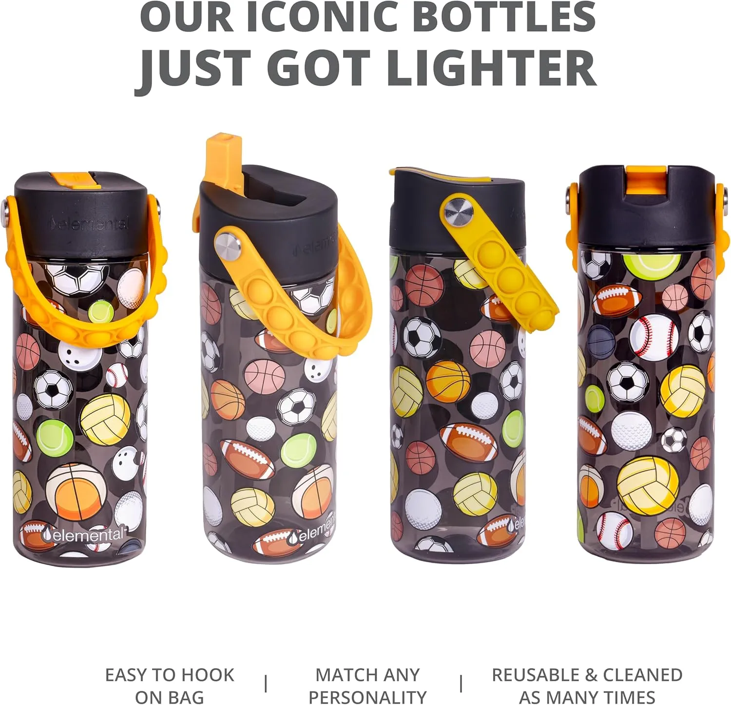 Elemental Water Bottles for Kids - Splash Kids Water Bottle for School with Pop-it Handle - BPA Free Tritan Plastic Water Bottle with Straw Leak Proof when Spout is Closed - Sports Ball - 18oz