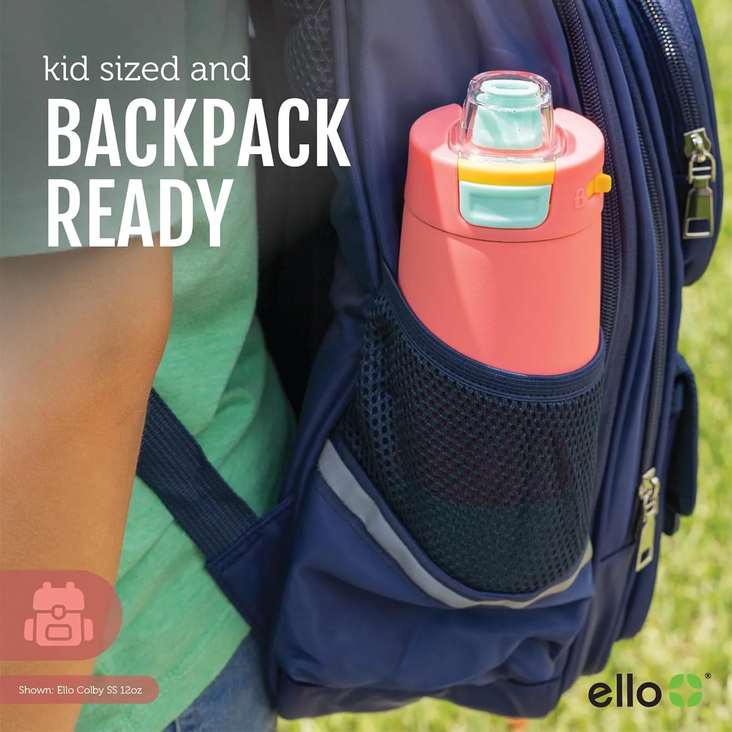 Ello Kids Colby 12oz Stainless Steel Insulated Water Bottle with Straw and Built-In Silicone Coaster Carrying Handle and Leak-Proof Locking Lid for School Backpack, Lunchbox, and Outdoor Sports