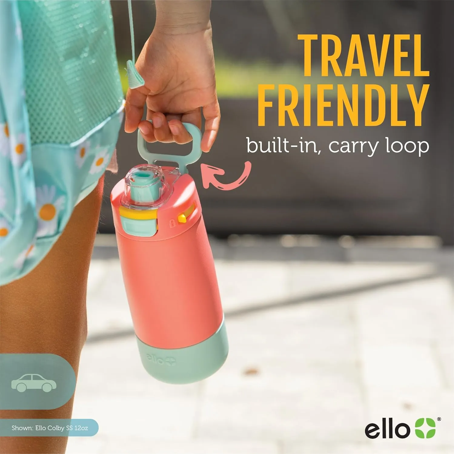 Ello Kids Colby 12oz Stainless Steel Insulated Water Bottle with Straw and Built-In Silicone Coaster Carrying Handle and Leak-Proof Locking Lid for School Backpack, Lunchbox, and Outdoor Sports