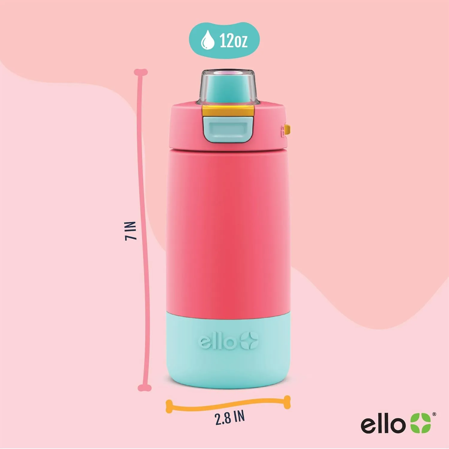 Ello Kids Colby 12oz Stainless Steel Insulated Water Bottle with Straw and Built-In Silicone Coaster Carrying Handle and Leak-Proof Locking Lid for School Backpack, Lunchbox, and Outdoor Sports
