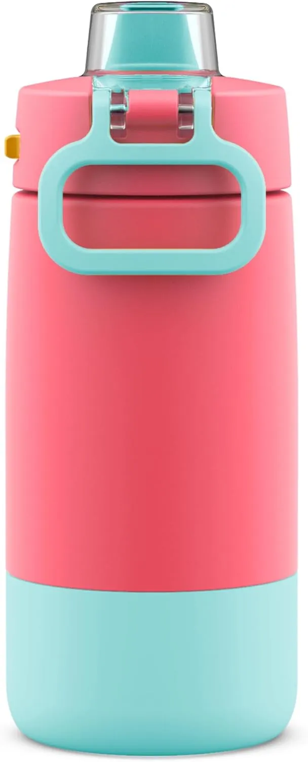 Ello Kids Colby 12oz Stainless Steel Insulated Water Bottle with Straw and Built-In Silicone Coaster Carrying Handle and Leak-Proof Locking Lid for School Backpack, Lunchbox, and Outdoor Sports