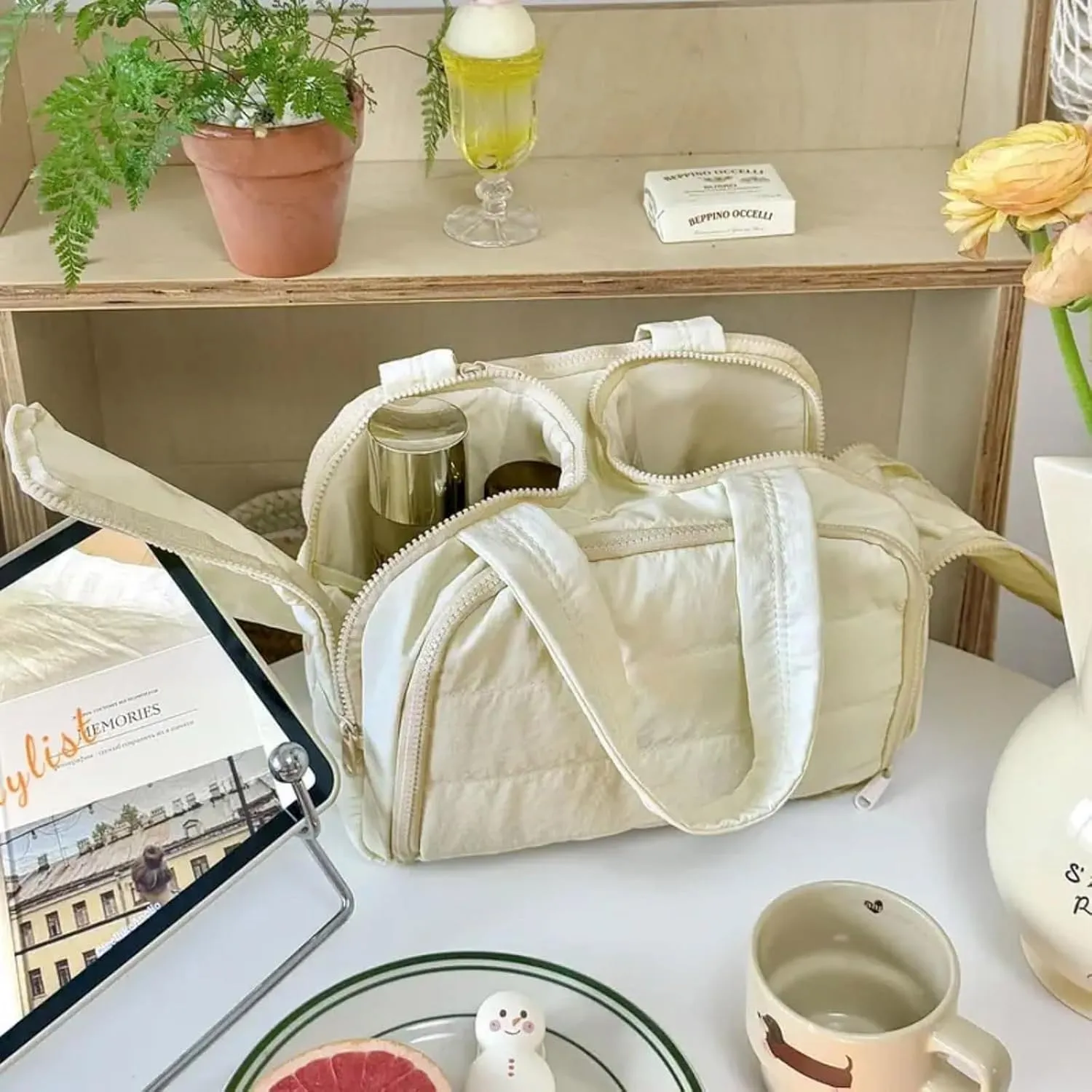 Elouva Toiletry Bag, Large Capacity Wide-Open Travel Cosmetic Bag, 4-in-1 MultiFunctional Lightweight Makeup Bags for Women with Handle for Accessories, Toiletries (Beige, 29.97x18.54x21.08cm)