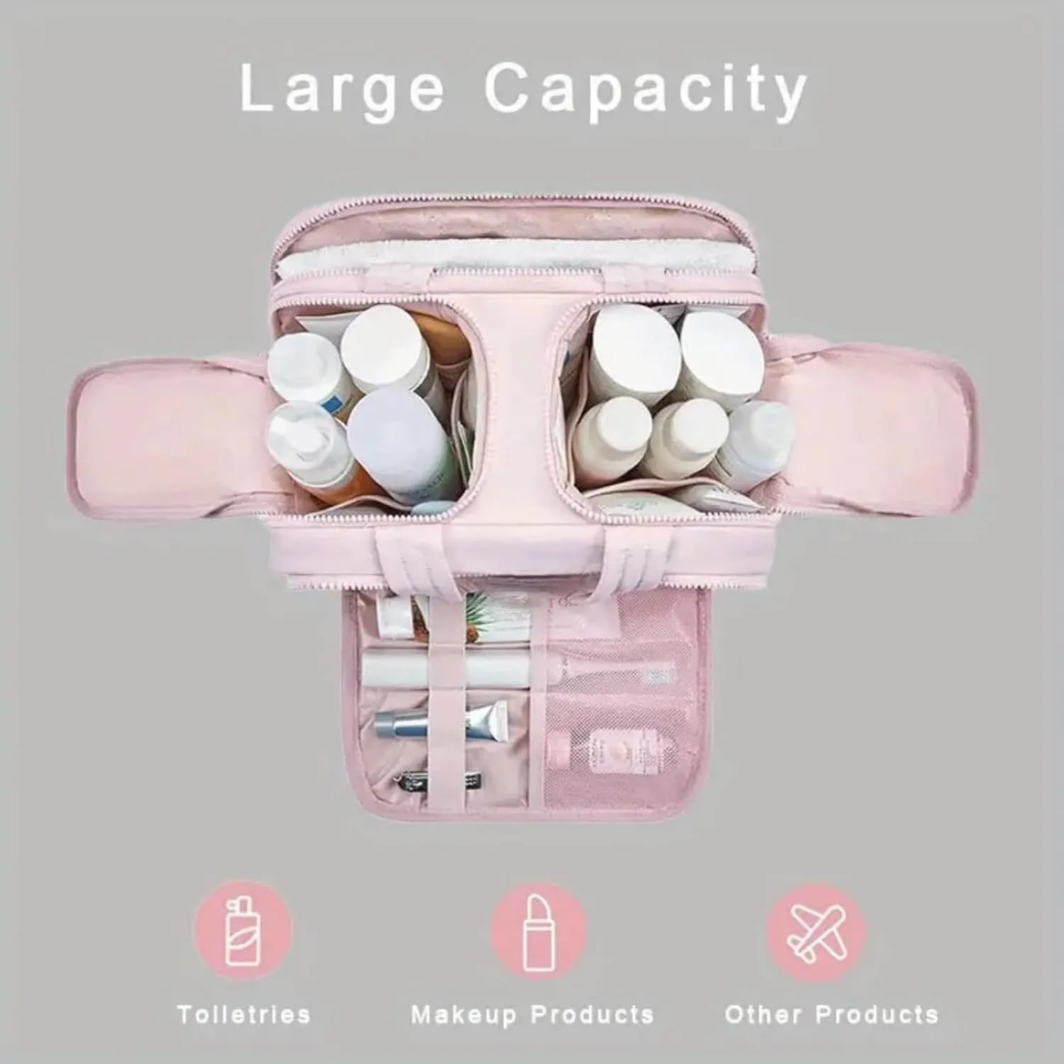 Elouva Toiletry Bag, Large Capacity Wide-Open Travel Cosmetic Bag, 4-in-1 MultiFunctional Lightweight Makeup Bags for Women with Handle for Accessories, Toiletries (Beige, 29.97x18.54x21.08cm)