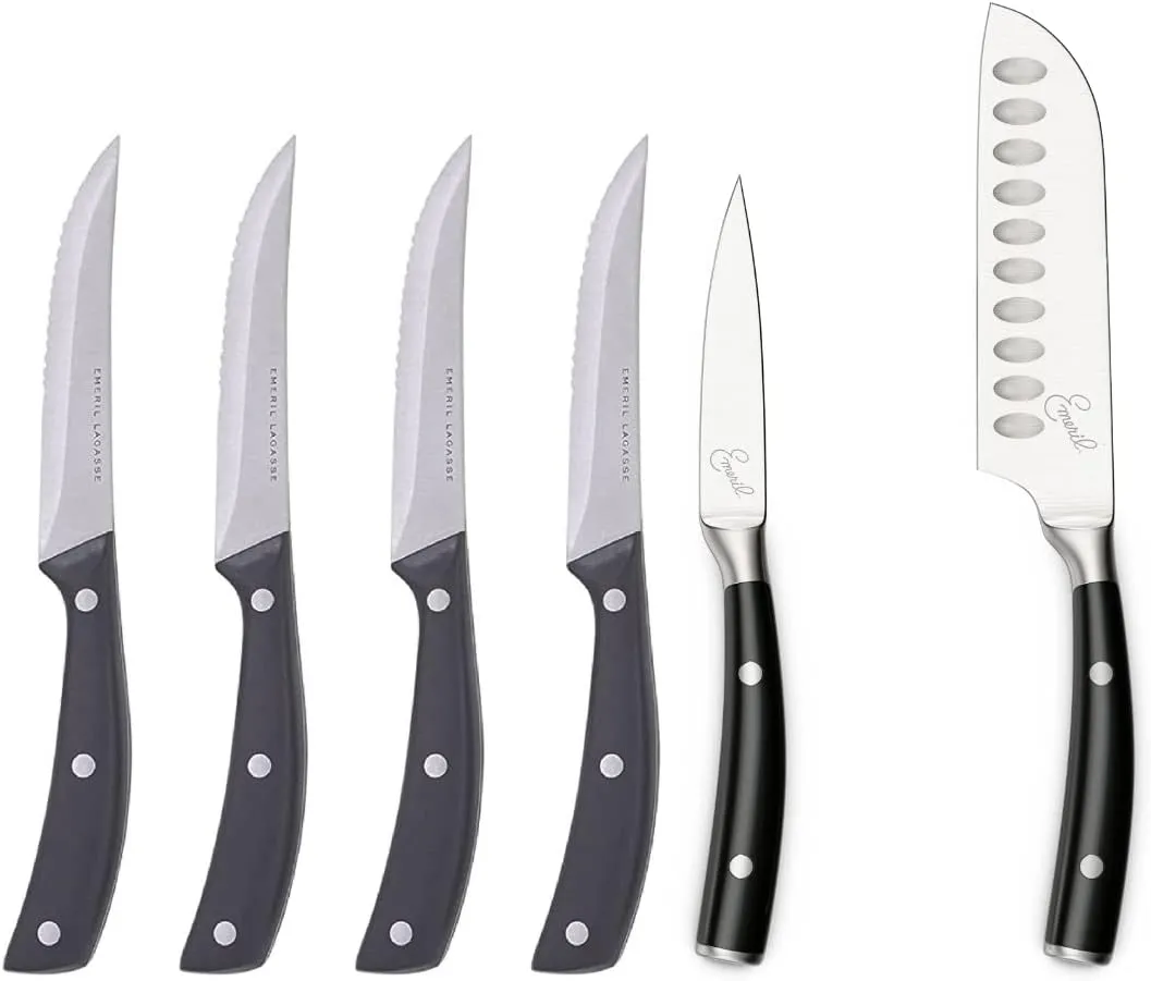 Emeril Lagasse 6-Piece Stainless Steel Stamped Knife Set - 3.5” Paring, 5” Santoku, & 4 Serrated Steak Knives - Everyday Cutlery for Food Prep & Dining - Slice Effortlessly through Fruit & Meat