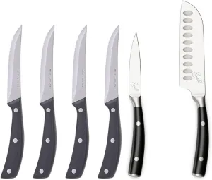 Emeril Lagasse 6-Piece Stainless Steel Stamped Knife Set - 3.5” Paring, 5” Santoku, & 4 Serrated Steak Knives - Everyday Cutlery for Food Prep & Dining - Slice Effortlessly through Fruit & Meat