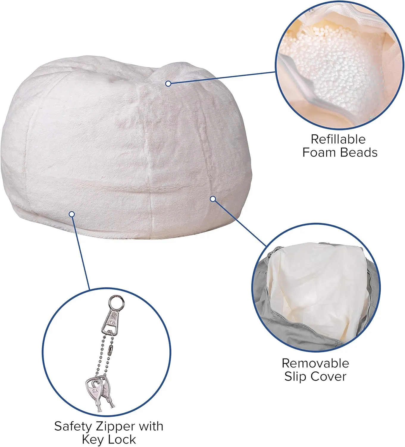 EMMA   OLIVER Small White Furry Bean Bag Chair for Kids and Teens