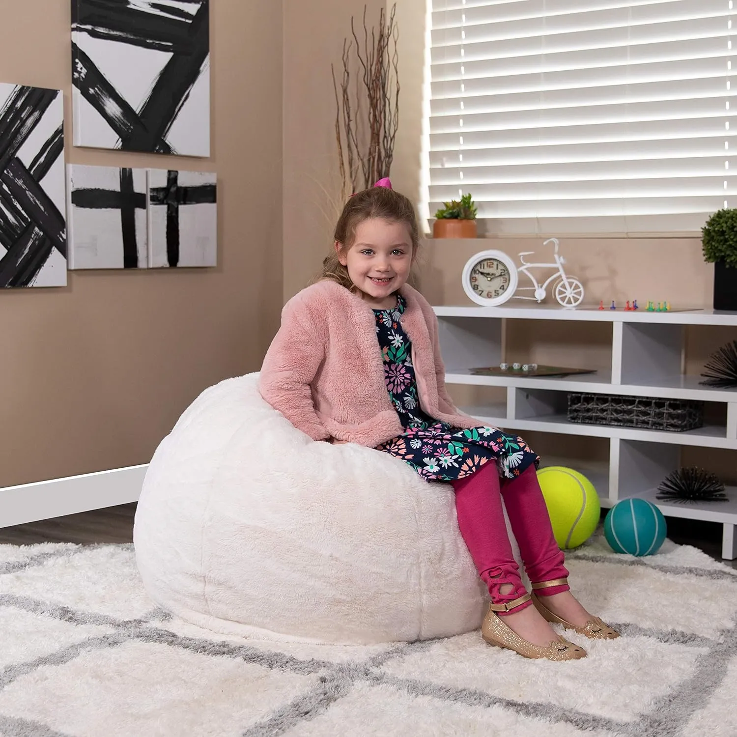 EMMA   OLIVER Small White Furry Bean Bag Chair for Kids and Teens
