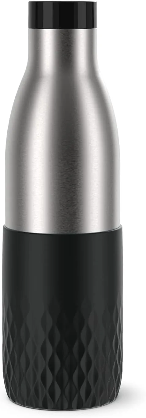 Emsa, BluDrop Sleeve Water Bottle, 0.7L Capacity, Insulated Water Bottle in 18/10 Stainless Steel, 100% Airtight and BPA Free with Quick-Press Closure, Soft-Touch Coating, Black