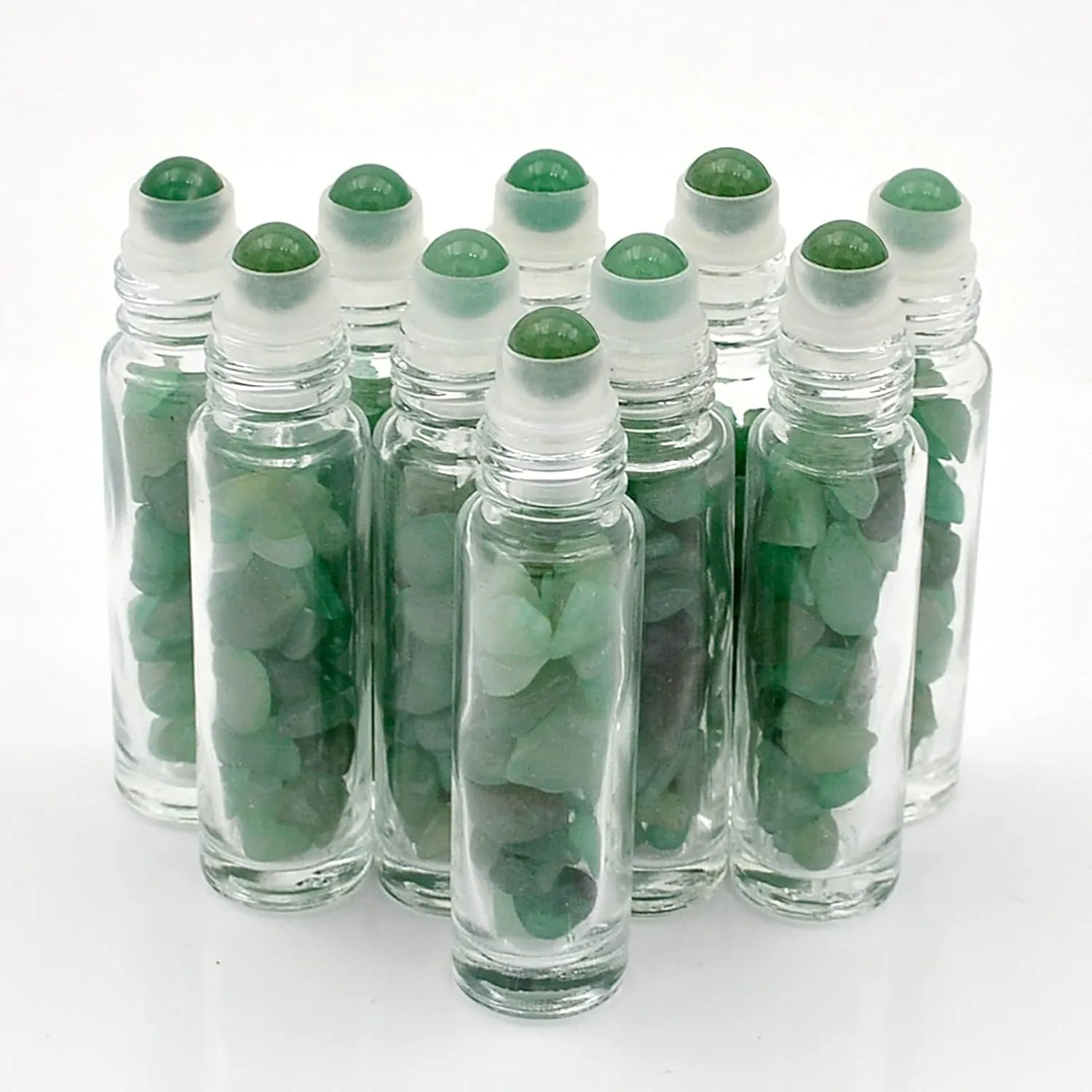Essential Oil Roller Bottle EVA Carrying Travel Case and 10pcs Essential Oil Gemstone Roller Ball Bottles Frosted Glass Inside 10ml Healing Crystal Chips Feng Shui Roller (Green aventurine)