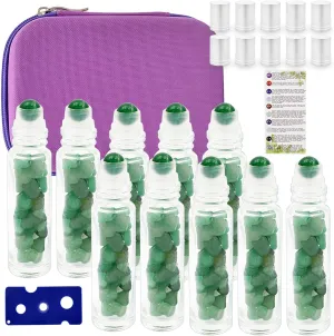 Essential Oil Roller Bottle EVA Carrying Travel Case and 10pcs Essential Oil Gemstone Roller Ball Bottles Frosted Glass Inside 10ml Healing Crystal Chips Feng Shui Roller (Green aventurine)
