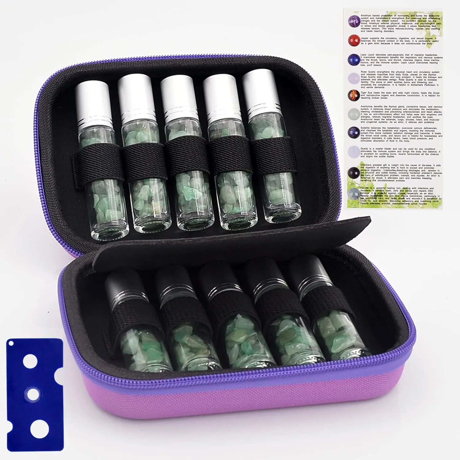 Essential Oil Roller Bottle EVA Carrying Travel Case and 10pcs Essential Oil Gemstone Roller Ball Bottles Frosted Glass Inside 10ml Healing Crystal Chips Feng Shui Roller (Green aventurine)